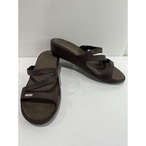 Crocs Patricia Women Sandals Sz 8 Slip On Brown Strappy Wedge Minimalist Comfort